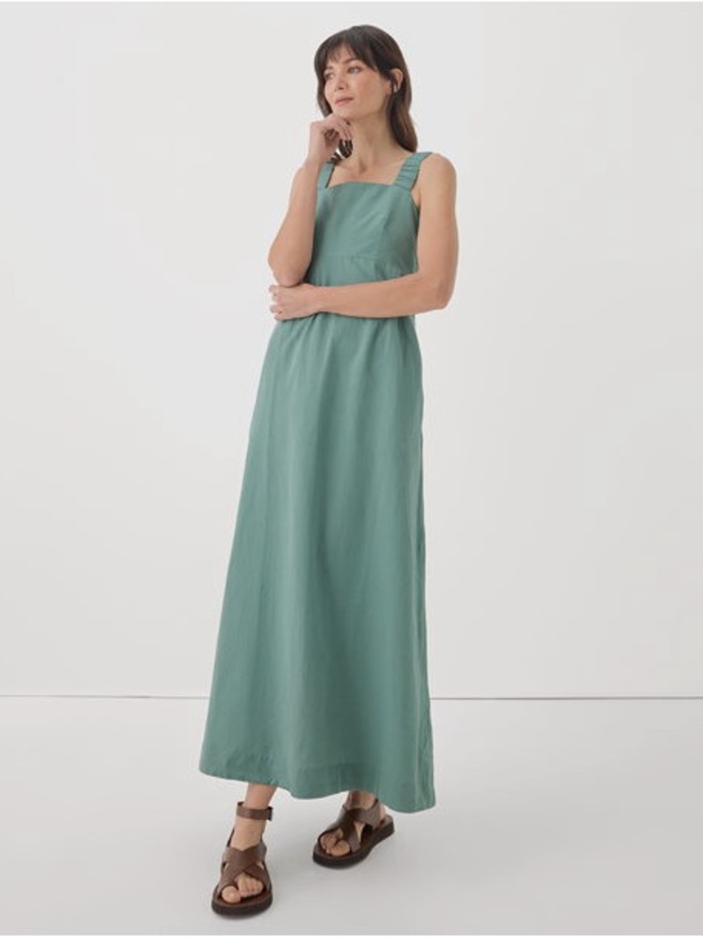 Pact Organic Cotton Linen Maxi Dress Sage Green Smocked Back Size Small